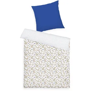 Herding TOM TAILOR Renforcé-Bettwäsche, 80x80 + 135x200 cm, 100% Baumwolle/Renforcé, mit Wendemotiv und farbigem Reißverschluss, FRESH FLOWERS Blau, Beige (Cobalt & Sunny Sand)