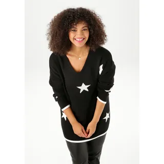 Strickpullover ANISTON PLUS, Damen, Gr. 50, schwarz-weiß (schwarz, weiß), Feinstrick, Obermaterial: 50% Viskose, 28% Polyester, 22% Polyamid, gemustert, oversize Po-bedeckend, V-Ausschnitt, Strickbündchen kontrastfarben, Pullover Strickpullover, Vokuhila - hinten etwas länger geschnitten