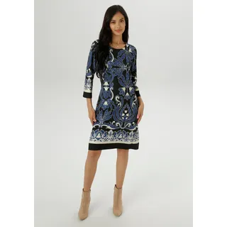 Jerseykleid ANISTON SELECTED, Damen, Gr. 40, N-Gr, schwarz (schwarz, beige, blau, weiß), Milano Rib, Obermaterial: 85% Viskose, 10% Polyester, 5% Elasthan, bedruckt, gemustert, figurumspielend kniefrei, Rundhals, Kleider Jerseykleid, mit Ornamenten- und Rankendruck Allover, Topseller