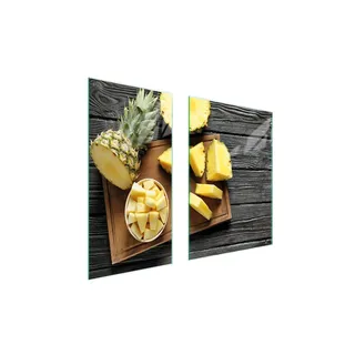 Herdabdeckplatten 2 teilig 75x52 Glaskeramikkochfeld Abdeckung Glas Schneidebrett Ananas Holz