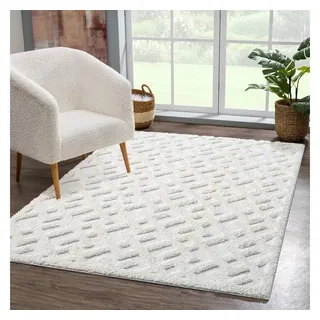 Carpet City Teppich Wohnzimmer Hochflor Creme - 120x170 cm - Geometrisches Hochtief-Muster, 3D-Effekt - Bettvorleger Schlafzimmer Teppiche Boho, Skandi