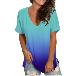 Lange Bluse Damen Mode Farbverlauf V-Ausschnitt Oberteile Kurzarm Tshirt Einfarbig Longbluse Tunika Tops Locker Longtops T-Shirt Pullover Ärmellos Tanktop Teenager Mädchen Shirt Blusen Große Größen
