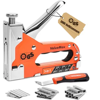 ValueMax 3-in-1 Handtacker Set mit 3000 Klammern -TÜV GS geprüft- Profi Tacker für Holz, Typ 140/28/8 leistungsstarker Tackerpistole mit einstellbarer Schusskraft für Dekoration, Möbel