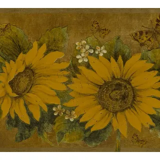 Dundee Deco DDAZBD9004 Tapetenbordüre, zum Abziehen und Aufkleben, Blumengelb, Senf-Sonnenblumen, Schmetterlinge, Wandbordüre, Retro-Design, 4,57 m x 17,78 cm, selbstklebend