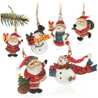 COM-FOUR® 6X Metallanhänger für den Weihnachtsbaum - Christbaumschmuck aus Metall - Weihnachtsdeko mit Schneemann und Weihnachtsmann