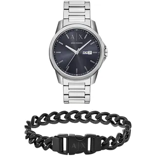 Armani Exchange Herren Silberfarbene Edelstahl Uhr und Armband Schwarz, Set