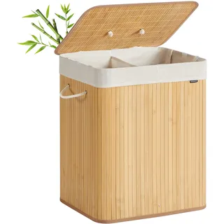 SONGMICS Wäschekorb mit Deckel, 2 Fächer, 120 Liter, Wäschesammler aus Bambus, faltbar, Wäschesack herausnehmbar und maschinenwaschbar, mit Griffen, für Waschküche, Schlafzimmer, naturfarben LCB014Y01