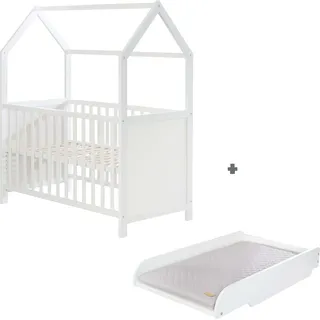 roba Hausbett 60 x 120 cm inkl. passender Wickelplatte zum Aufsetzen, Baby- & Beistellbett in Hausoptik, weiß, 6-fach verstellbar - Weiß