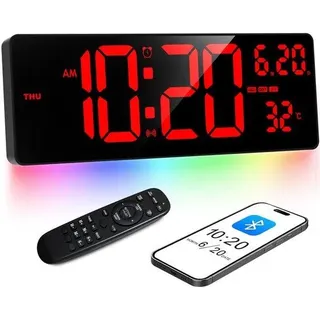16,5 Zoll Digitale Wanduhr mit Bluetooth-Uhr-Synchronisation, Rotes Display und Farbenfrohe Beleuchtung - Rot
