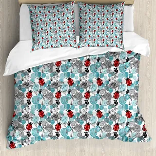 ABAKUHAUS Marienkäfer Bettbezug, Romantische Rosen Blumen, Milbensicher Allergiker geeignet mit Kissenbezügen, 200 cm x 200 cm - 80 x 80 cm, Blassblau Rot Schwarz