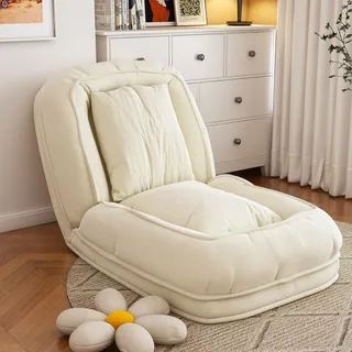 AIORBER Klappbares Schlafsofa Ergonomischer Bodensessel 5-fach Verstellbare Faltbare Relaxliege mit 2 Kissen für Wohnzimmer Schlafzimmer Cremeweiß - Weiß