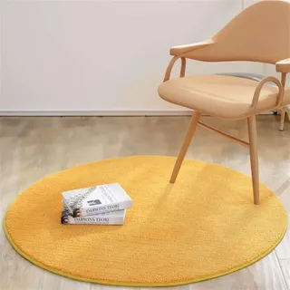 Reyox Flauschiger Kurzflor Uni Teppich Rund, Anti-Rutsch Waschbar Bodenmatte für Wohnzimmer Schlafzimmer Esszimmer Kinderzimmer Gelb 90 cm