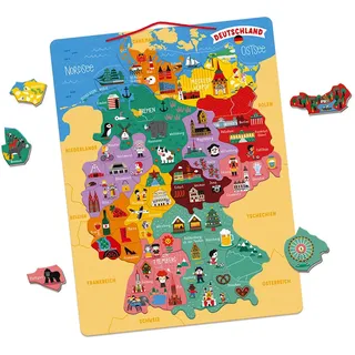 Janod Deutschlandkarte, magnetisch, Puzzle für Kinder aus Holz, 79 magnetische Teile, Entdecken und Merken, Geographie-Lernspiel, ab 7 Jahren, J05477, Brown