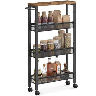 Relaxdays Nischenwagen, HxBxT: 77x13x45 cm, schmales Nischenregal Bad & Küche, 4 Ebenen, Rollregal Metall, braun/schwarz