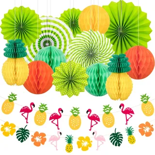 Whaline 15 Stück Sommer Party Deko Set Hängende Papierfächer Ananas und Flamingo Blume Girlande Banner für Hawaiian Luau Strand Geburtstag Hochzeit Foto Hintergrund