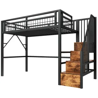 Redom Hochbett 90/200 cm aus Metall mit LED-Lichtleiste, Treppe mit Stauraum und Freiraum unter dem Bett, Schwarz , 90x200 cm , Babymöbel & Kindermöbel, Kinderzimmer & Jugendzimmer, Kinderbetten, Hochbetten