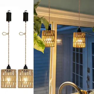 YIKEGE LICHT 2x Hängelampe mit Batterie Outdoor Batteriebetrieben Lampe Hängeleuchte Deckenlampe Ohne Stromanschluss Rattan Korb Lampenschirm Boho Hanfseil Lampen Glühbirne Ohne Strom Weihnachten Deko