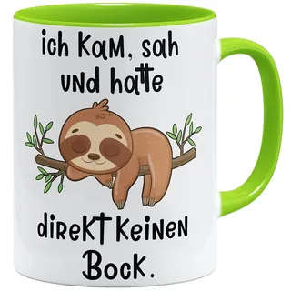 OM3® Ich kam, sah und hatte direkt keinen Bock - lustige Faultier Tasse mit Spruch - Keramik Becher - 11oz 325ml - Beidseitig Bedruckt - Hellgrün