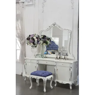3 tlg. Set Schlafzimmer Schminktisch Kommode Anrichte + Spiegel + Hocker Barock - Weiß