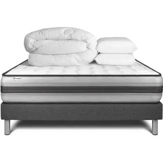 Komplettpaket Bett - Matratze 200x200 cm + Boxspringbett mit Lattenrost (im Set) + 2 Kopfkissen + Bettdecke - Vitalpower Recover - Grau