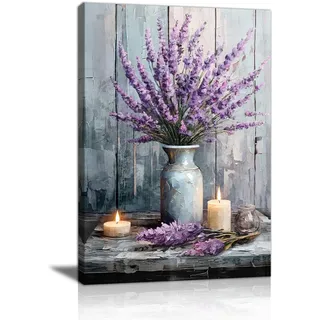 Lila Lavendel in der Vase Leinwand Bilder mit Rahmen Rustikal Landhausstil Kerze Wandbilder Motivierend Gemälde Bild Auf Leinwand Deko Wanddekoration für Badezimmer Schlafzimmer Wohnzimmer 40X60cm