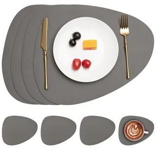 Myir JUN Tischsets abwaschbar doppelseitige Platzdeckchen abwaschbar | 4er Set Platzsets abwaschbar wasserdichte rutschfeste Oval Tischsets aus Kunstleder Untersetzer Teller in Lederoptik