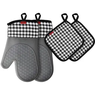 Ankway Ofenhandschuh und Topflappen Set, Topfhandschuhe Silikon Anti-Rutsch Hitzebeständige Silikon und Baumwolle, 1 Paar Backhandschuhe Kochhandschuhe und 2 Topflappen für Kochen Backen Grillen, Grau