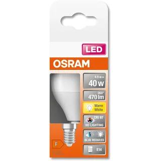 Osram SUPERSTAR+ CLASSIC P 40 FR LED-Lampe, Sockel E14, Miniballform, 4,9W, 470lm, 2700K, warmweißes Licht, stark reduzierter Blauanteil, geringere Augenbelastung, sehr geringer Energieverbrauch