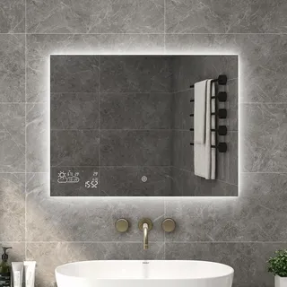 byecold Badspiegel mit LED Beleuchtung 80x60CM, Badezimmerspiegel Antibeschlag, Bad Spiegel Wandspiegel Lichtspiegel Touchschalter, Smart Mirror, WiFi Wetterstation Datum Horizontal