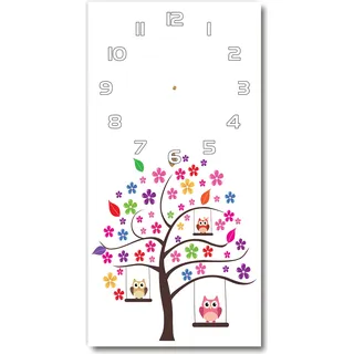 Wanduhr aus Glas – 30x60 cm - Glasbild - Glasuhr - Gehärtetes Glas -Eulen auf Schaukeln