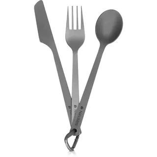 Navaris Titan Camping Besteck 3tlg. - Outdoor Messer Gabel Löffel inkl. Tasche - Ultraleichte 3in1 Essbesteck Kombi - Reisebesteck Set in Grau
