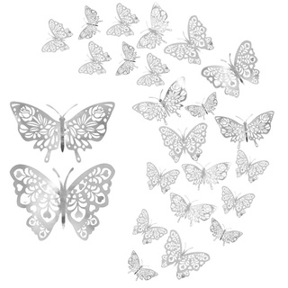 24 Stücke Schmetterling Wandaufkleber,CattleyaHQ Mixed 3D Schmetterlinge Wandtattoos,Lebhaft Blitz Wandaufkleber für Zuhause, Schlafzimmer, Babyzimmer Dekoration (Silber)