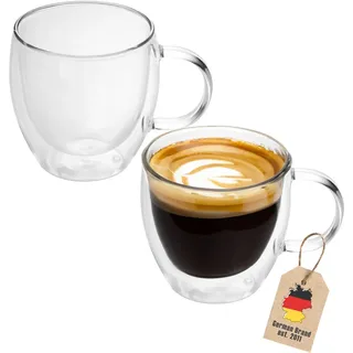 INTIRILIFE 2X Doppelwandige Thermo Gläser Set -100-150ml- Mundgeblasen isoliert für Espresso Cappuccino, Teegläser Kaffeegläser Latte Macchiato Tassen, Schwebeeffekt mit Henkel