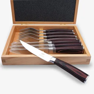BEEFSTONE Steakbesteck Set 8-teilig, 4 Steakmesser mit glatter 12 cm Klinge + 4 Steakgabeln, Ergonomische Pakka-Holzgriffe, Geschenkbox aus Holz
