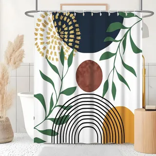 Uiiooazy Duschvorhang 180x220cm, Duschvorhang Grüne Blätter Abstrakt Blau Orange Geometrisches Muster Duschvorhänge Anti Schimmel Stoff Waschbar Wasserdicht Bad Vorhang mit 12 Haken für Badezimmer