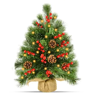 Weihnachtsbaum Klein,50cm Mini Weihnachtsbaum mit Beleuchtung LED,Tisch Küns Kleiner Weihnachtsbaum Geschmückt für Weihnachten Deko