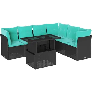vidaXL 7-teiliges Gartensofa-Set mit Kissen, schwarzes Polyrattan - Schwarz