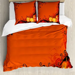 ABAKUHAUS Spinnennetz Bettbezug, Halloween Kürbisse, Milbensicher Allergiker geeignet mit Kissenbezügen, 155 cm x 220 cm - 80 x 80 cm, Orange Marigold Schwarz - Orange