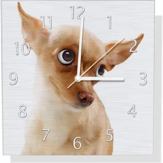 Wallario Design Wanduhr Lustiger Hund mit fliegenden Ohren aus Aluverbund, Größe 30 x 30 cm - Weiß
