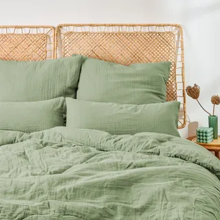 Blumtal Musselin Bettwäsche 200x200 cm + 2X 40x80 cm - Oeko-TEX zert. Musselin-Bettwäsche aus 100% Baumwolle - extra weiches Bettwäsche-Set waschbar bei 40 °C - Sommerbettwäsche Grün