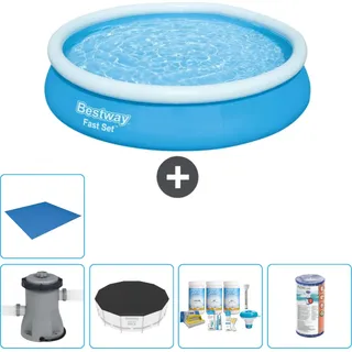 Bestway runder aufblasbarer Fast-Set-Schwimmpool – 366 x 76 cm – Blau – inklusive Pumpe Abdeckung - Wartungspaket - Filter - Bodenplane - Blau