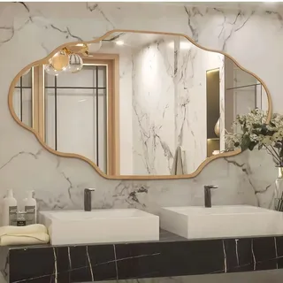 Clevich Spiegel Asymmetrisch 66x116cm Rahmen Alu, HD Glas Wandspiegel, Moderner Dekor-Spiegel, Schlankes Modernes Design, für Bad Badezimmer Wohnzimmer Flur Schlafzimmer Wand Laternen-Design, Gold