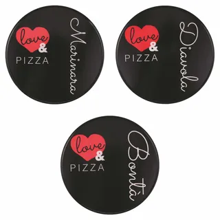 GALILEO 6er Set Pizzateller aus Steinzeug Ø 33,5 cm Schriftzug Dekor schwarz Love and