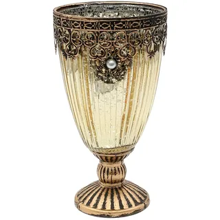 Dekohelden24 Orientalisches Windlicht - Teelichthalter - Kerzenhalter - Kelch aus Glas in Gold, mit Marokko/goldenem Metall Dekor, L/B/H 10 x 10 x 15 cm