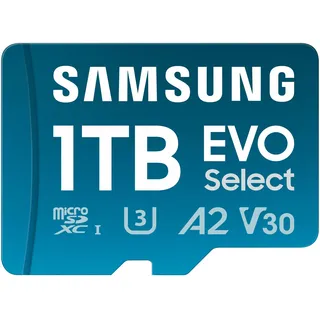 Samsung EVO Select (2024) microSD-Karte + SD-Adapter, 1 TB, UHS-I U3, 4K UHD, Full HD, 160 MB/s Lesen, Speicherkarte für Smartphones, Tablets und Laptops, MB-ME1T0SA/EU