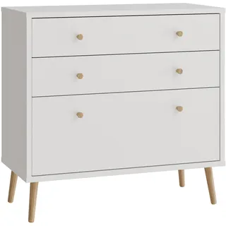 Forte HARLLSON Sideboard 90, Mid-Century-Modern Stil, leichte Montage Dank EasyKlix by Forte, 3 Schubladen, hohe Füße, Holzwerkstoff, Weiß, 89,8 cm breit x 86,5 cm hoch x 41,5 cm tief