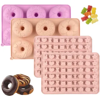 HJJMN 2Stks Silikon Donut Backform, 6 Fach Wiederverwendbare Donutform, Antihaftbeschichtung Donut Bagel Backblech, 2Stks Gummibärchen Formen, 54 Fach Silikon Bonbon Formen für Kuchen Kekse Muffins
