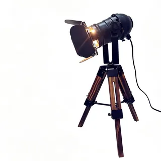 YUENSLIGHTING Industrielle Tischlampe mit Dreifuß für das Wohnzimmer, in Holzoptik, groß, schwarz, höhenverstellbar, mit Lampenschirm aus Metall im Kino-Stil, Studiobeleuchtung, E27-Fassung,Retro