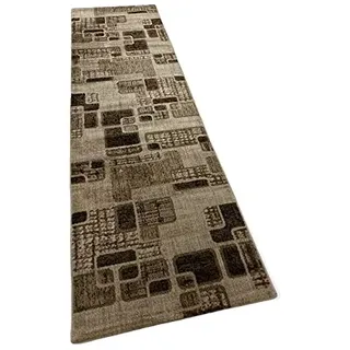 VIMODA Teppich Kurzflor Modern Kariert Retro geometrisches Muster Meliert Braun Beige für Wohnzimmer, Schlafzimmer, Maße:80 x 300 cm