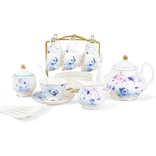 fanquare 21 Teiliges Modern Stil Porzellan Teeservice, Blaue Blumen im Aquarellstil Keramik Tee Sets, Kaffeeservice für Erwachsene